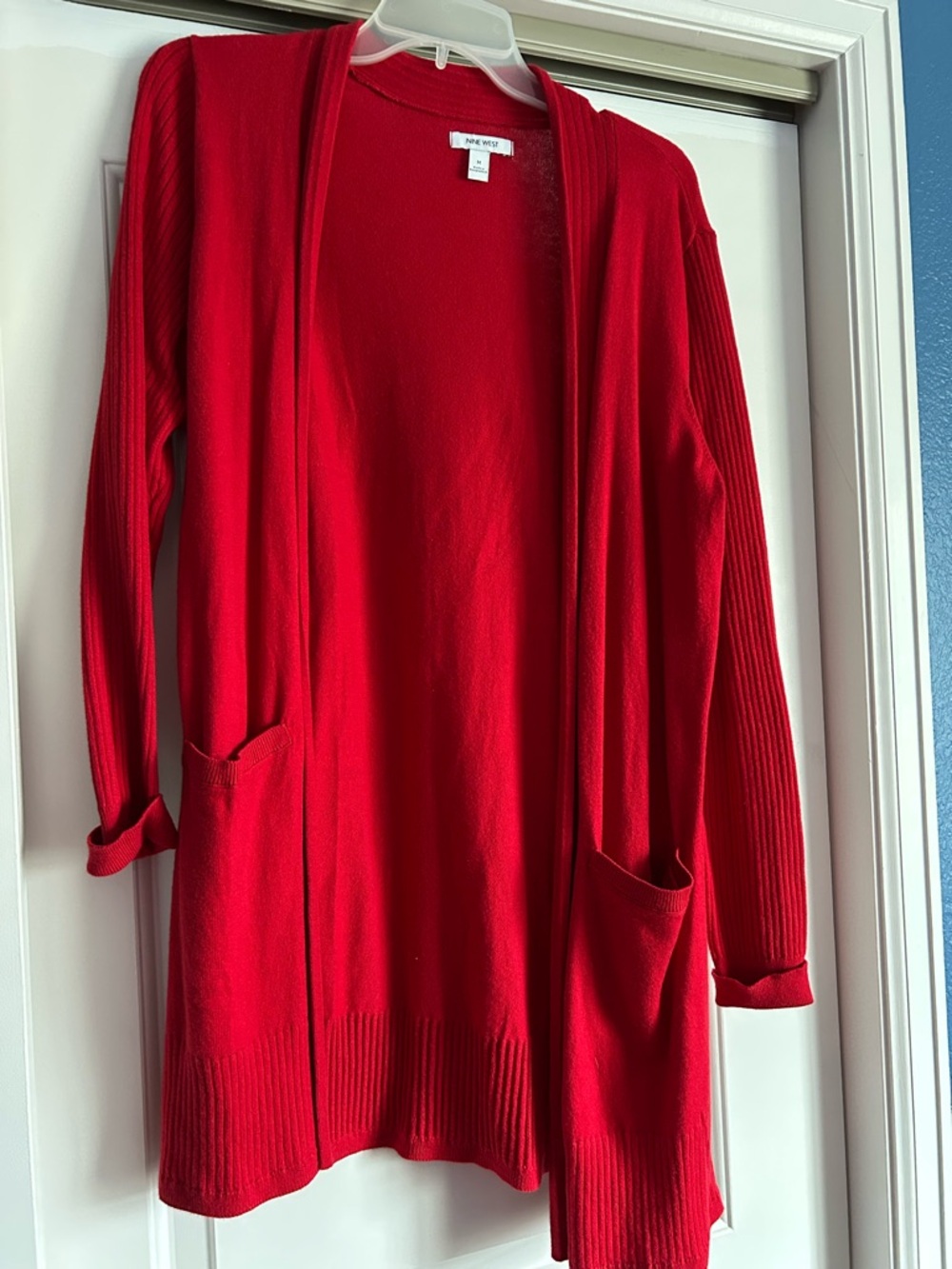 Nine West Red Open-Front Long Cardigan with Pockets